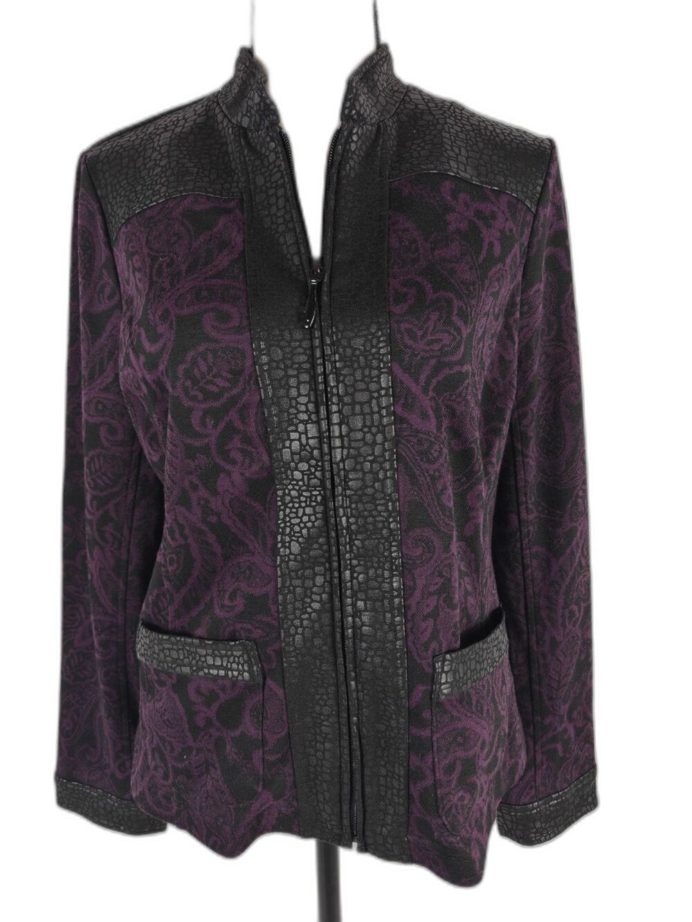 Women's Chico's Purple Paisley Zip Front Jacket Black Faux Croc Trim